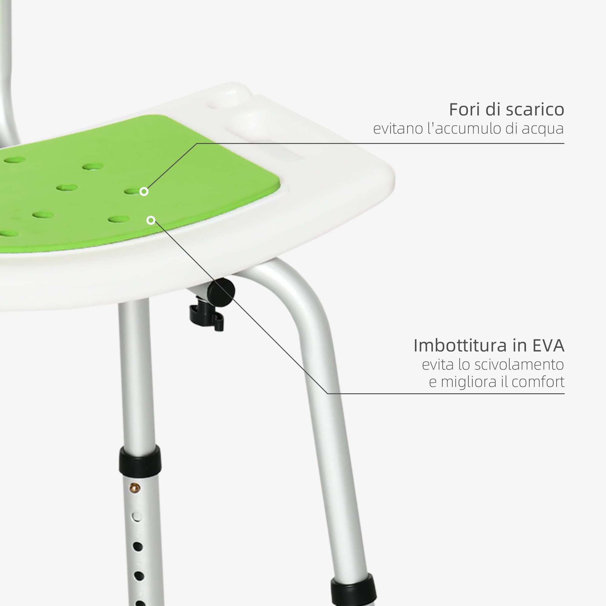 HOMCOM Sedia per Doccia in Alluminio ed EVA con Altezza Regolabile su 6 Livelli e Schienale Ricurvo, 51.5x49.5x68.5-81 cm, Verde e Bianco