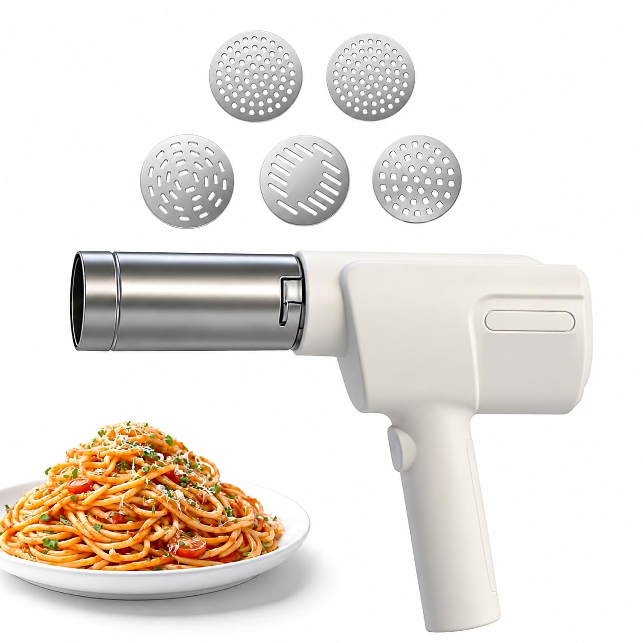 Handheld Electric Pasta Maker, 5 Stainless Steel Moulds, 29cm, White, Easy to Operate Noodle Machine-image-22