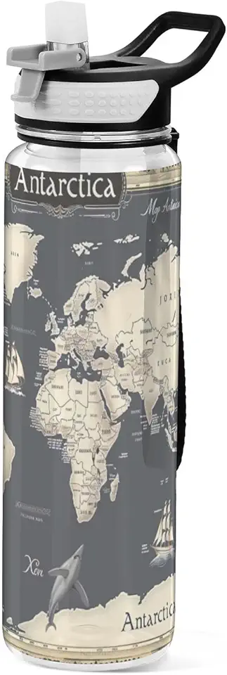 Kigai Garrafa de água de 946 ml, mapa do mundo retrô, garrafa de água esportiva com canudo para escritório, academia, esportes ao ar livre