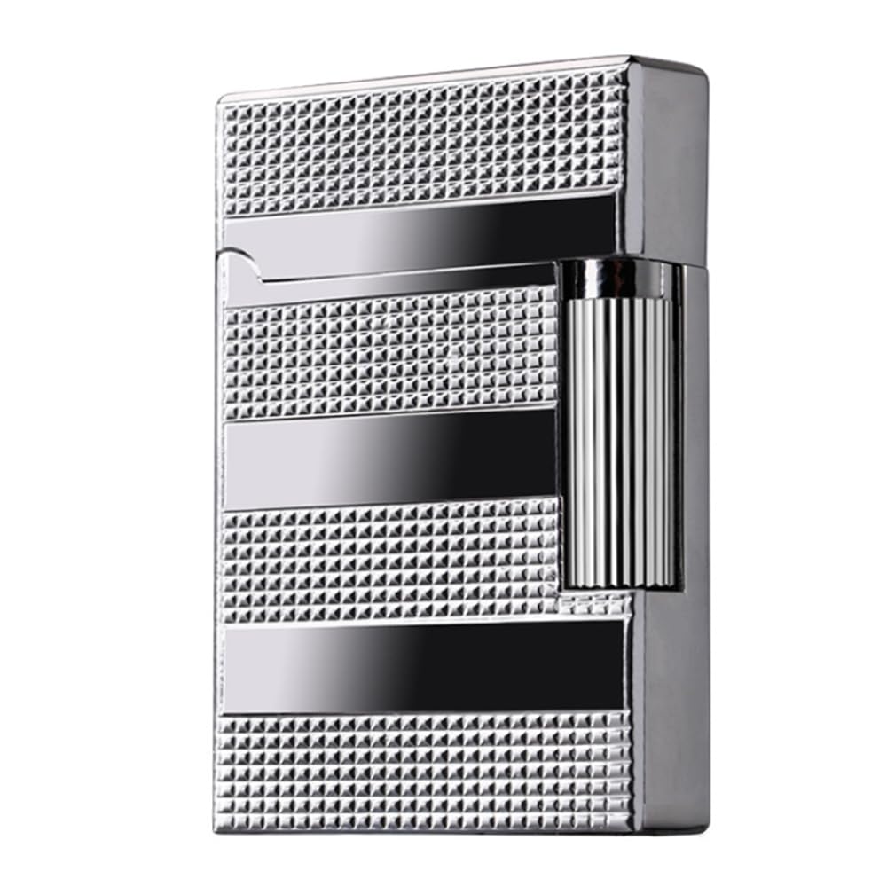 Briquet à silex au butane (sans butane) en métal de luxe, motif texturé, finition chromée argentée