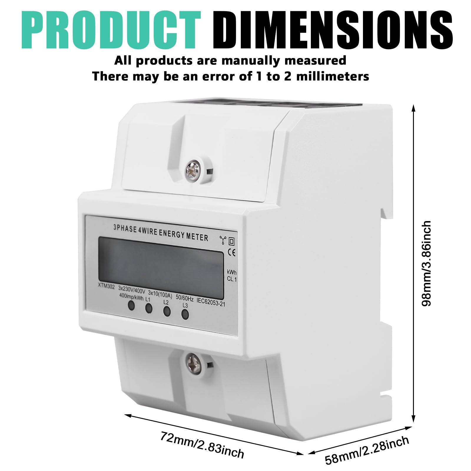 2 unidades de 3 fases, contador de corriente trifásica calibrado de 100 A con pantalla LCD, 50/60 Hz, contador de corriente trifásico, para carril DIN intermedio (4 hilos)