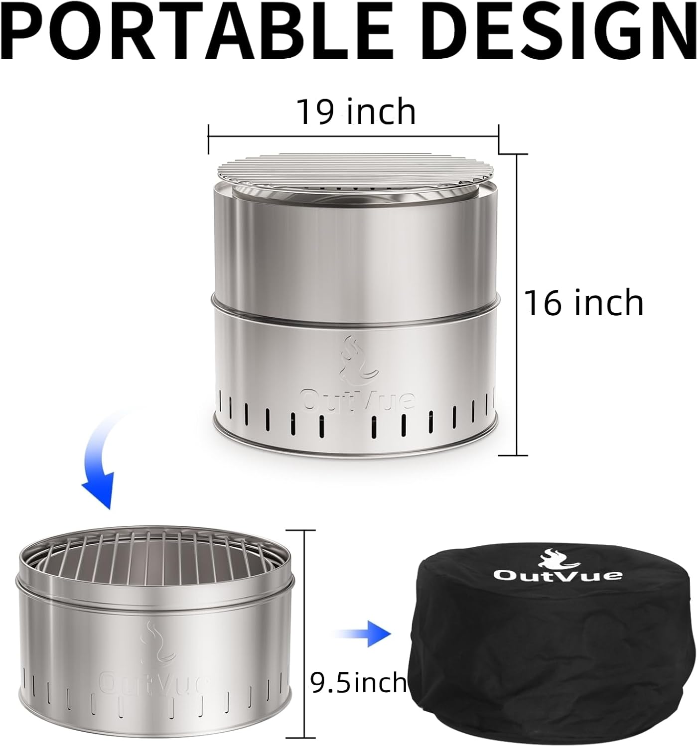 OutVue 19 inch Stainless Steel Smokeless Fire Pit with Grill, Outdoor Smokeless Firepit, Wood Burning Fire Pits for Camping, Bonfire, Low Smoke Firepit for Outside (Vertical Hole)