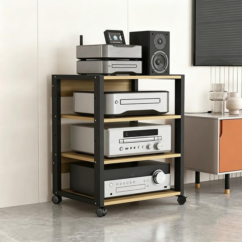 KLerDH Media Racks, Movable HiFi Rack AV Media Stand With Casters 3/4-Tier Amplifier Audio Rac(Light Walnut,4 Tier)