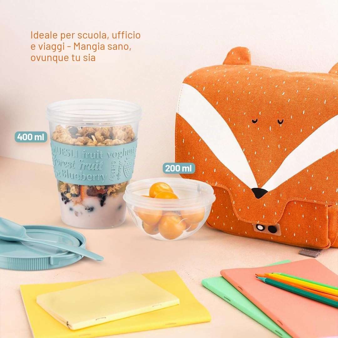 Bicchiere per muesli da portare con sé con cucchiaio, confezione da 4, 600ml, pratico bicchiere per yogurt da asporto, bicchiere riutilizzabile per muesli da viaggio per la colazione, perfetto