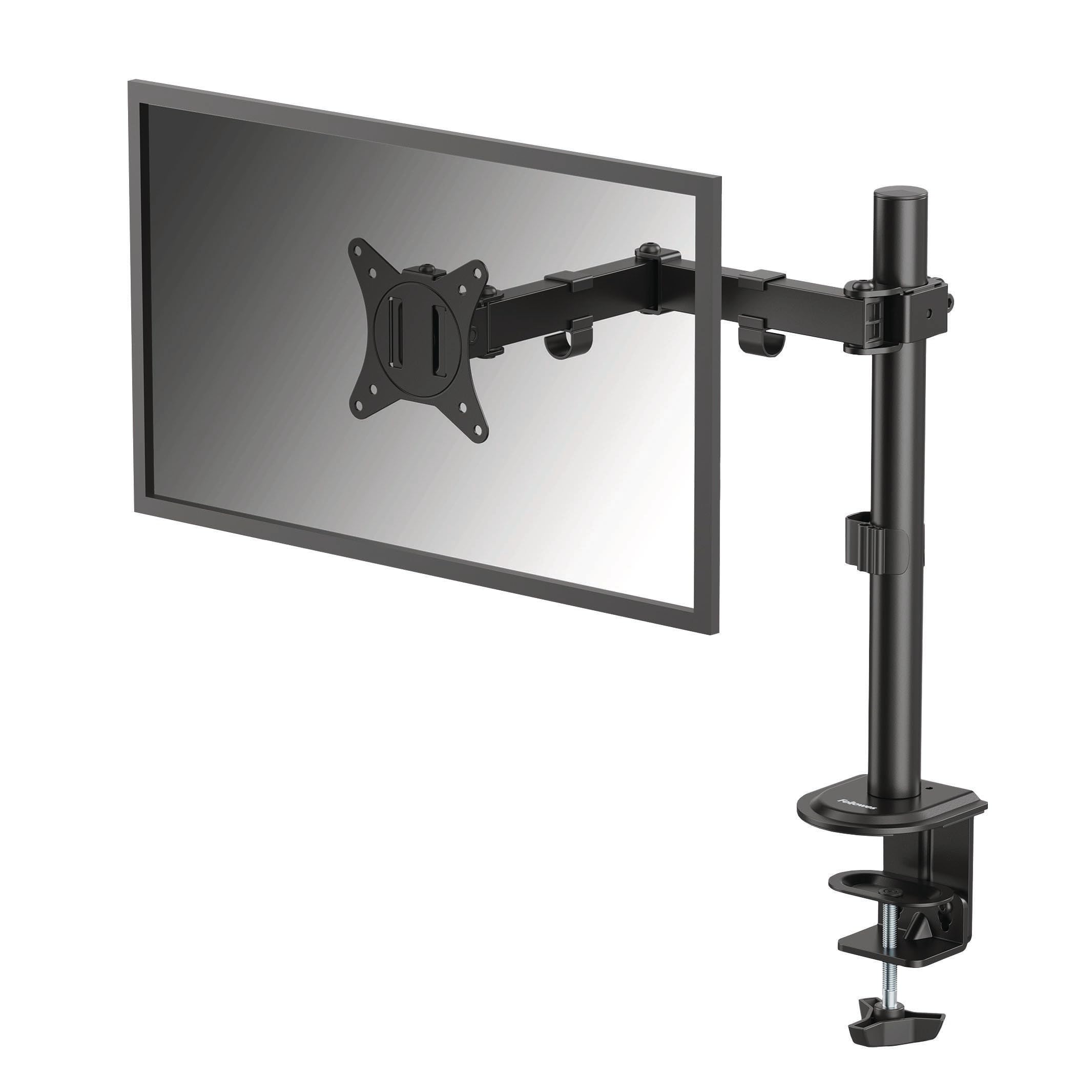 - Fellowes Everyday Adjustable Single Monitor Arm – Supports Screens up to 32" Weighing 19.84 lbs, Tilt, Swivel, Rotate, VESA 75/100, Clamp or Grommet Mount, Cable Management