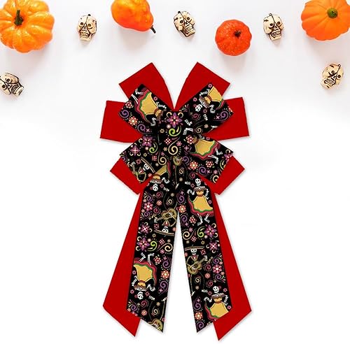 Miniatura 5 de Hying 2 lazos para corona, diseño de esqueleto mexicano, arco de arpillera rojo y negro, lazos de arpillera para el Día de los Muertos México, lazos