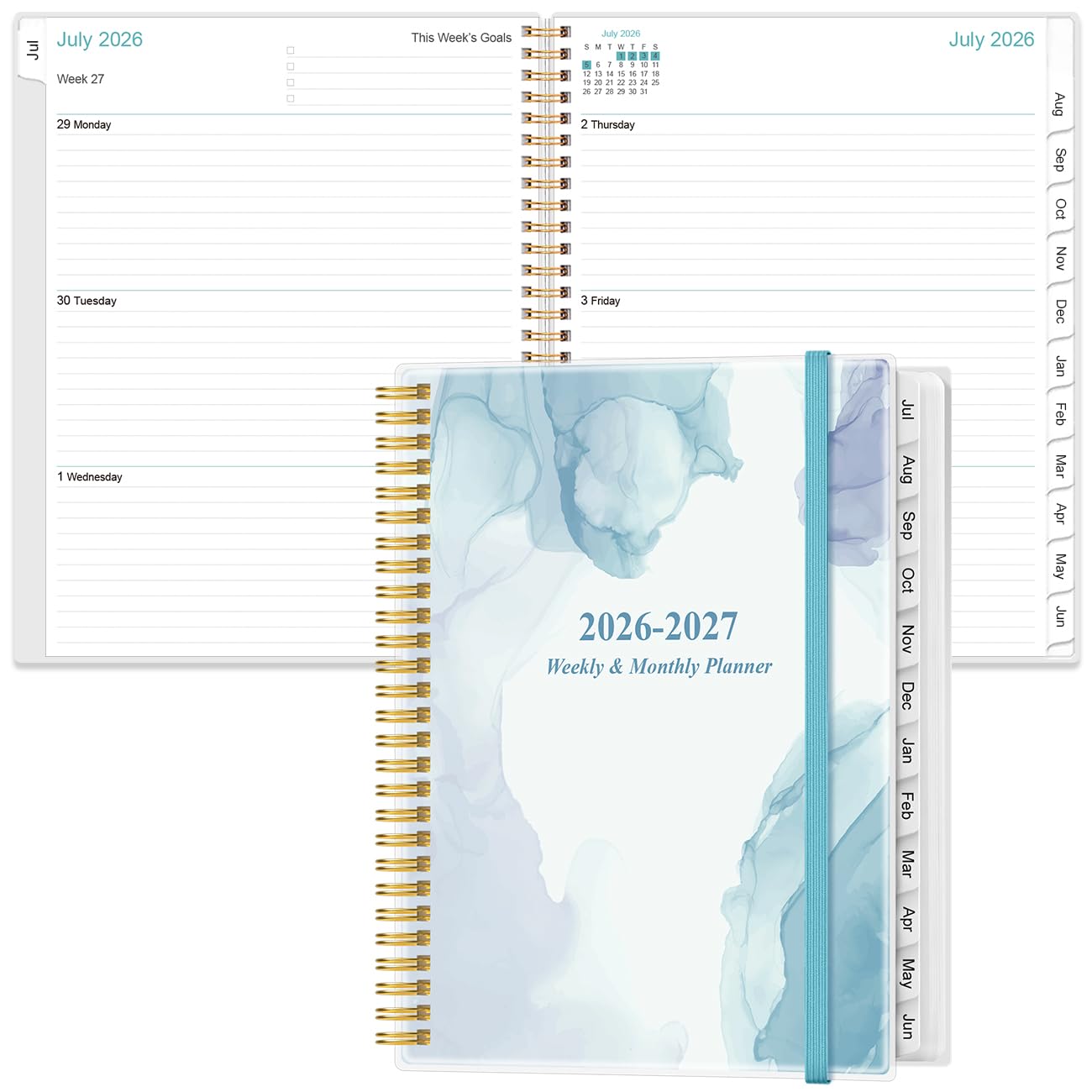 Planer 2026–2027 – Planer 2026–2027 von Juli 2026 – Juni 2027, mit 12 monatlichen Reitern, flexiblem Einband, Innentasche, 21,6 x 27,9 cm, blaues Aquarell