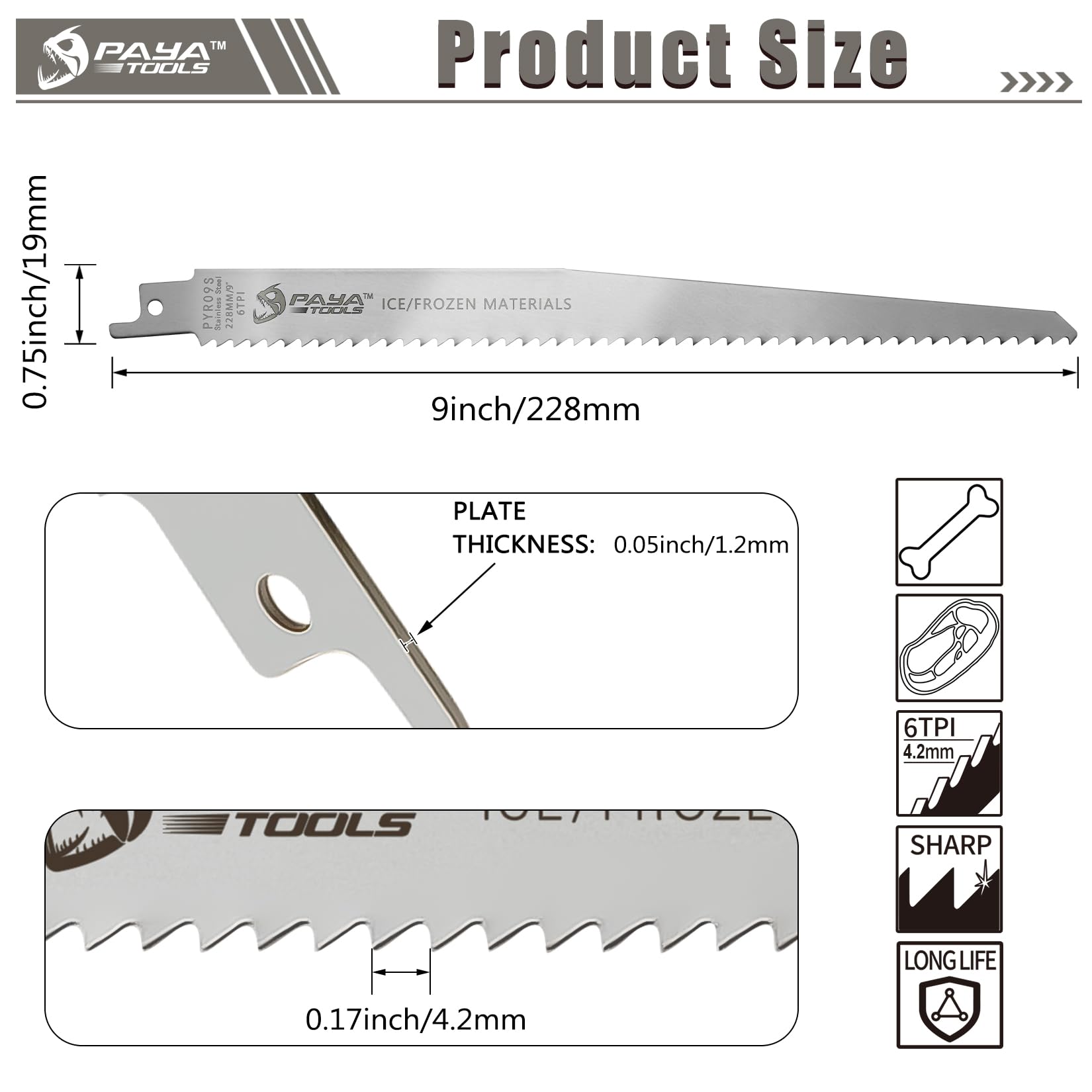 PAYA PYR09S - Hojas de sierra de sable (6 unidades, 230 mm, corte electrónico, accesorios de acero inoxidable, para cortar carne congelada, huesos, alimentos