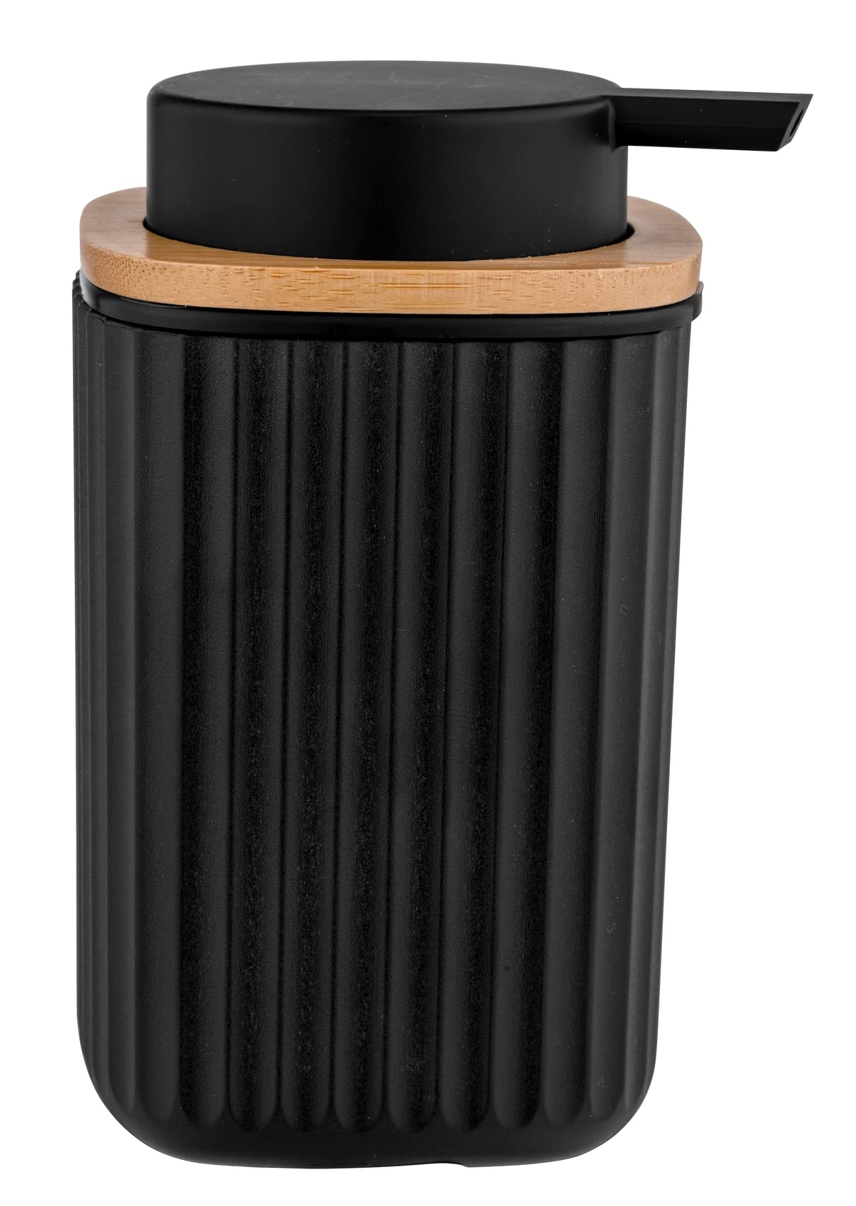WENKO Dispensador de jabón Rotello, dosificador recargable con capacidad de 250 ml, en plástico de calidad óptima y detalles de bambú, apto para lavavajillas, 8,9 x 12,7 x 7,5 cm, negro/natural