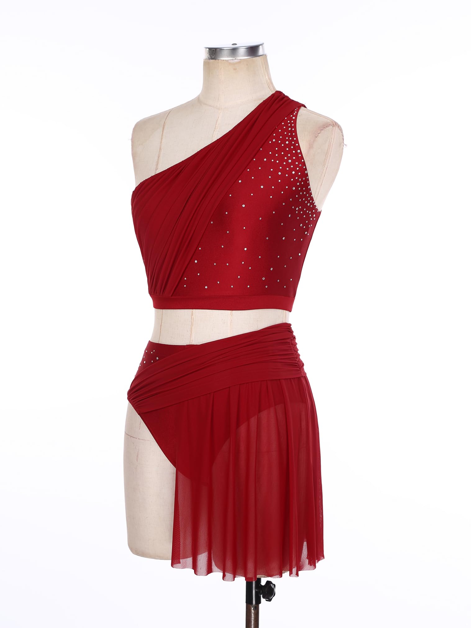 JEATHA Damski 2-częściowy kostium Lyrical Dance ze strasu Crop Top Mesh Tiul Trykot Spódnica dla dorosłych, nowoczesny strój do tańca