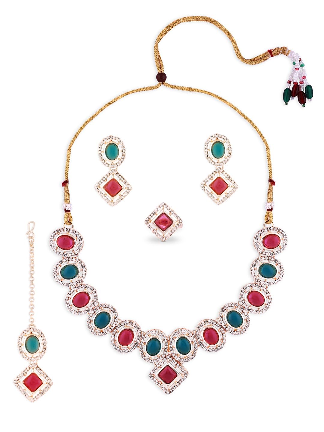ZAVERI PEARLS Green Pink Austrian Diamond Choker Necklace Earring Maangtikka Ring Set For Women-ZPFK18479 (B0DBQ9K45B) Amazon Price History, Amazon Price Tracker