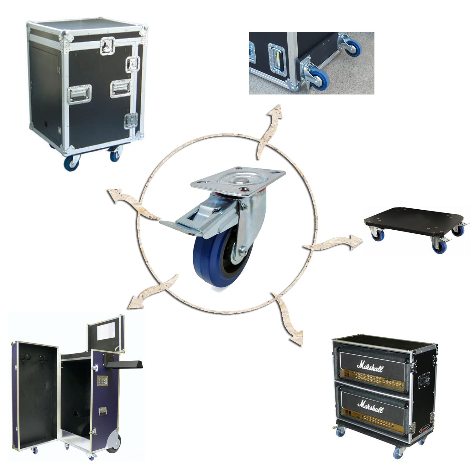 Kit 4 Ruote 100 mm in gomma elastica blu con freno - ruote pivotanti per carrello e carichi pesanti - portata max 480 kg - Rotelle per mobili, banchi da lavoro e cassoni