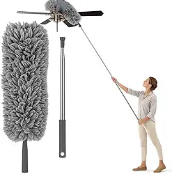 Espanador de Pó Extensível 2,80 Metros Microfibra Cabo de Aço Inoxidável Ajustável Haste Flexível Retrátil Limpeza de Áreas Altas e Locais Difíceis Limpador de Tetos Armários Ventiladores Persianas