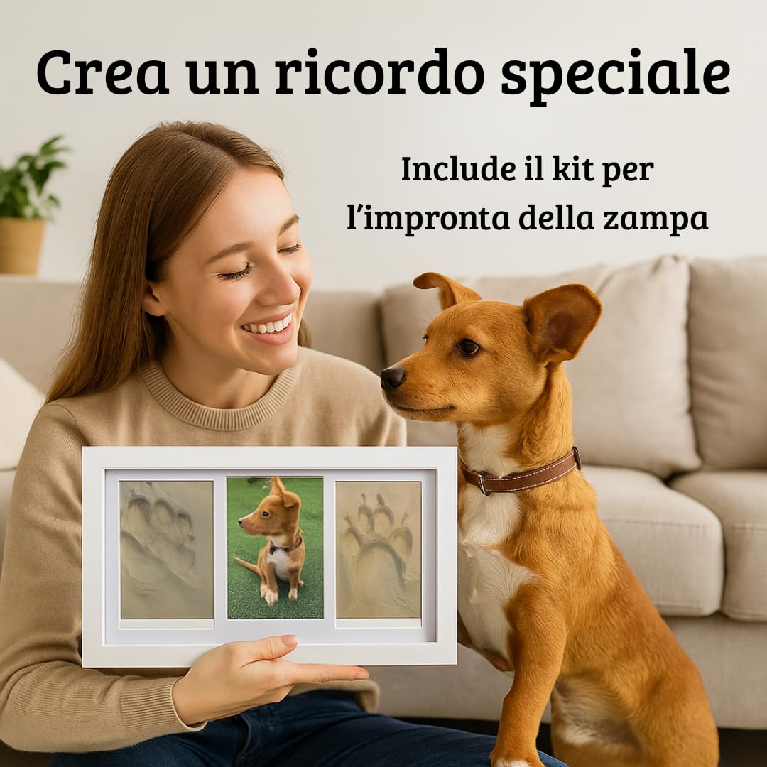 Marco per impronte di animali domestici (cane, gatto) con foto. Kit di stampa in argilla bianca. Scatola regalo con passepartout colorati. Ricordo personalizzato per cani e gatti.
