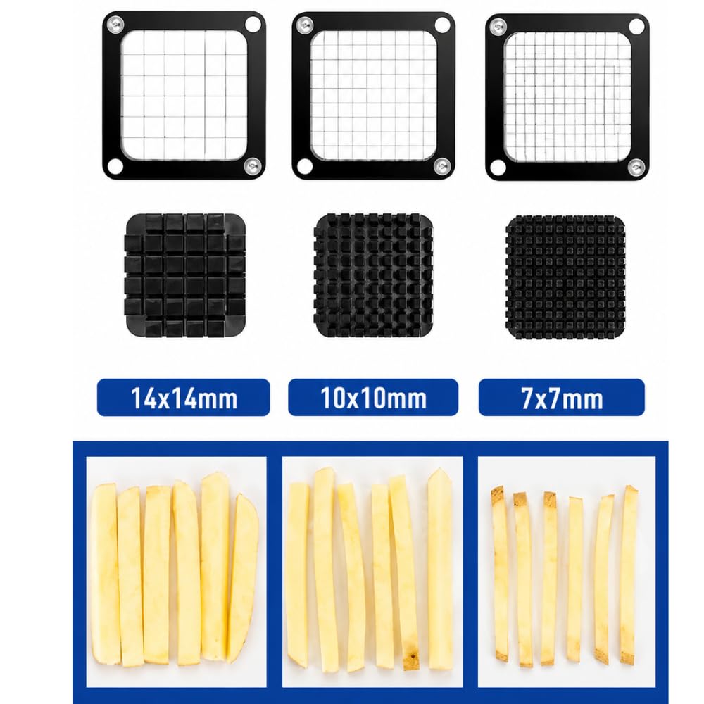Cortador de Papas Fritas de Acero Inoxidable con 3 Cuchillas Intercambiables (10mm, 12mm, 14mm), Multifuncional