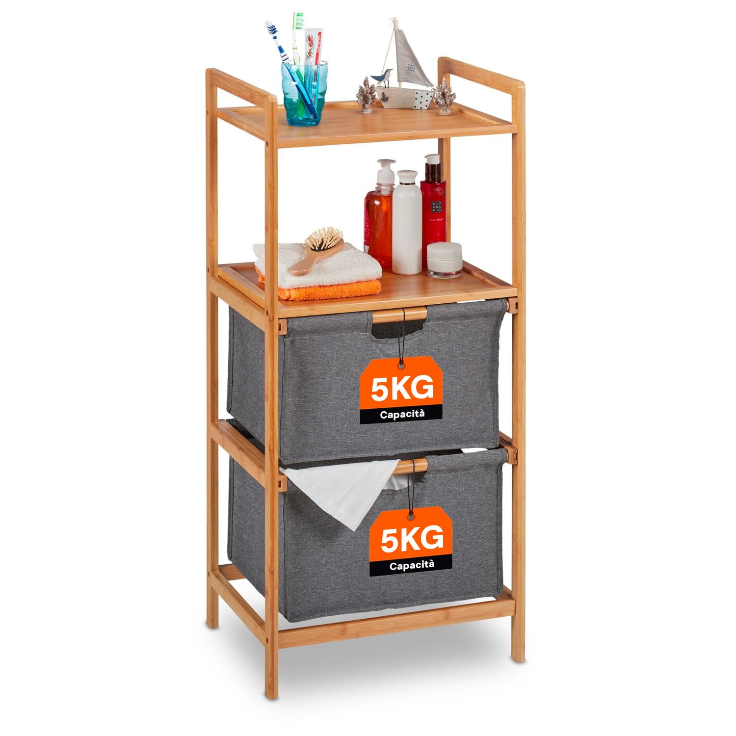 Avilia - Mobiletto Bagno Salvaspazio in Bambù con 2 Ripiani e Cesto Portabiancheria Rimovibile, Design Moderno Multiuso per Bagno, Cucina e Lavanderia Facile da Montare e Resistente