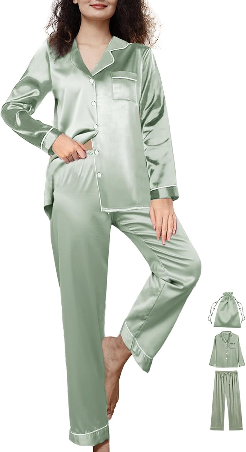 3Pcs Womens Silk Pajamas Set XS-3XL Satin Pajama Sets Silky Pjs Set Long Sleepwear Pj Sets Loungewear Nightwear - Image 5