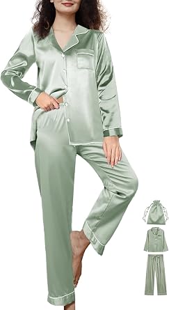 WJing Yi Jia 3Pcs Womens Silk Pajamas Set XS-3XL Satin Pajama Sets Silky Pjs Set Long Sleepwear Pj Sets Loungewear Nightwear