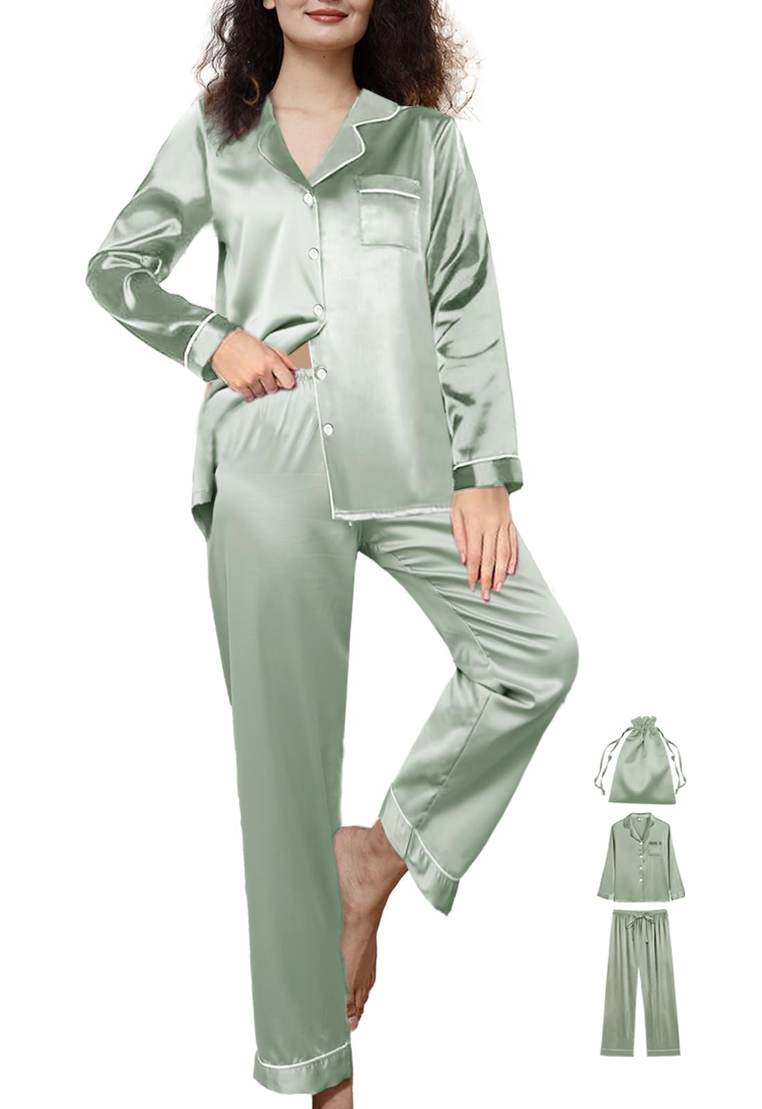 WJing Yi Jia Conjunto de pijama de seda de 3 piezas para mujer, tallas XS a 3XL, conjunto de pijama de satén sedoso, conjunto de pijama largo para dormir