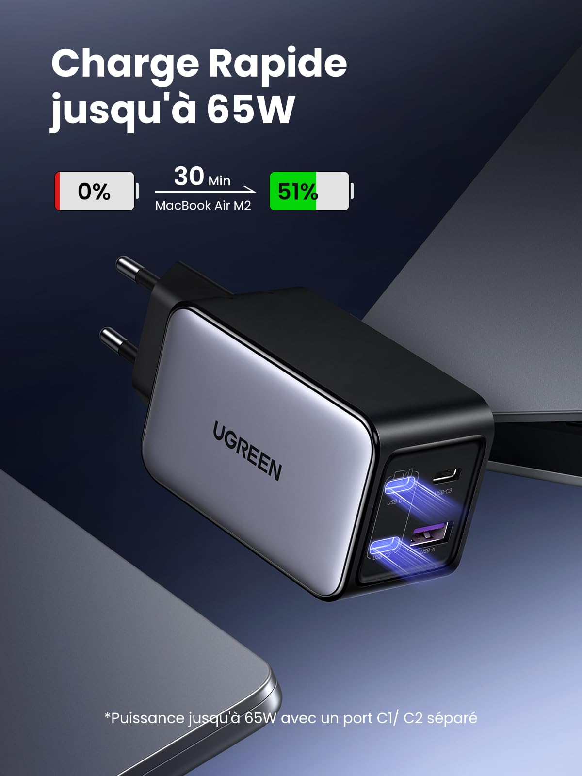 UGREEN Nexode 65W 4 Ports Chargeur USB C Rapide GaNInfinity Prise Secteur USB C Compatible avec iPhone 17 Pro Max Air 16 15 14 13 12 Galaxy S26 S25 S24 S23 A15 Pixel 10 9 8 iPad MacBook Neo Air Pro