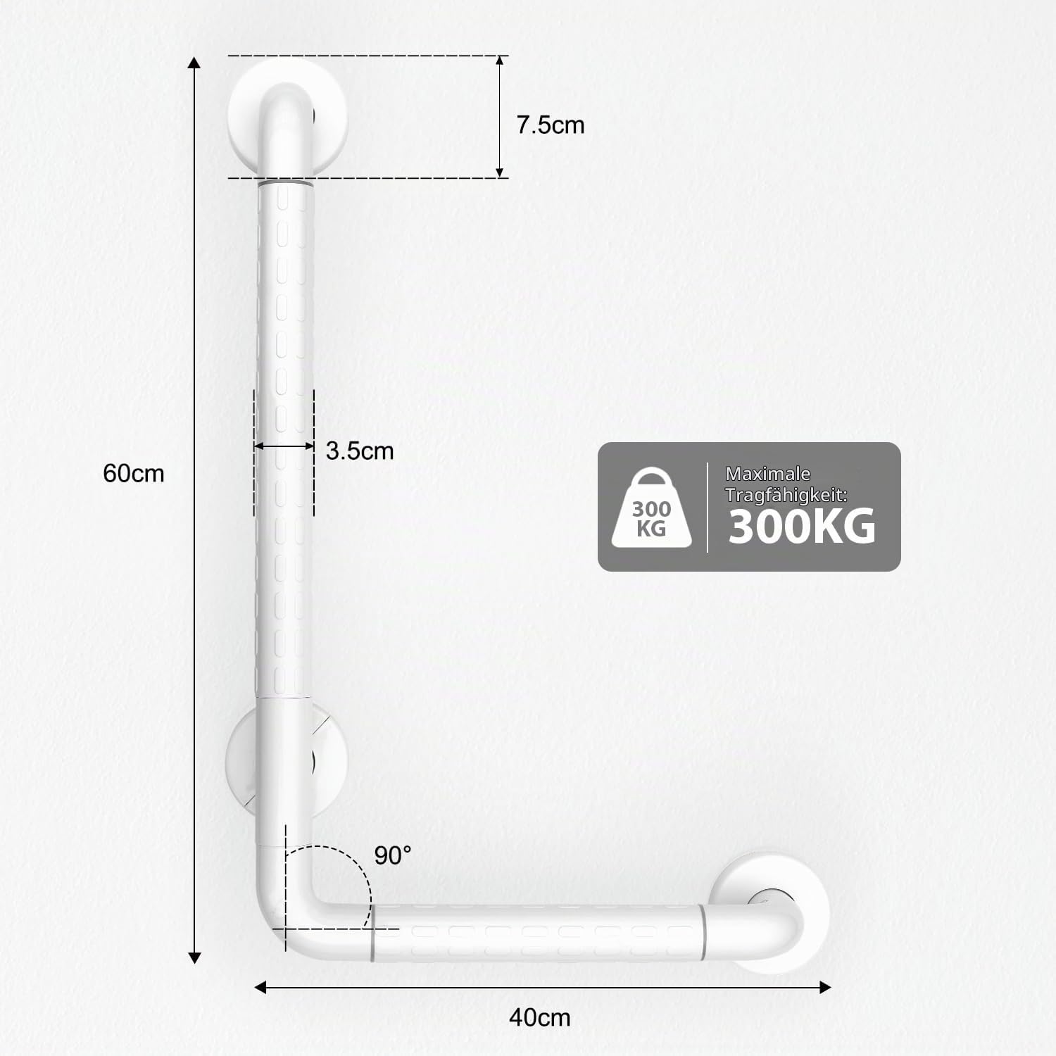 Haltegriff für Senioren, Dusche L-Form 60x40cm, WC Griff Edelstahl Weiß | Wandmontage, geeignet für Behinderte, Badewanne und Badezimmer, Duschgriffe bis 300kg Belastbar