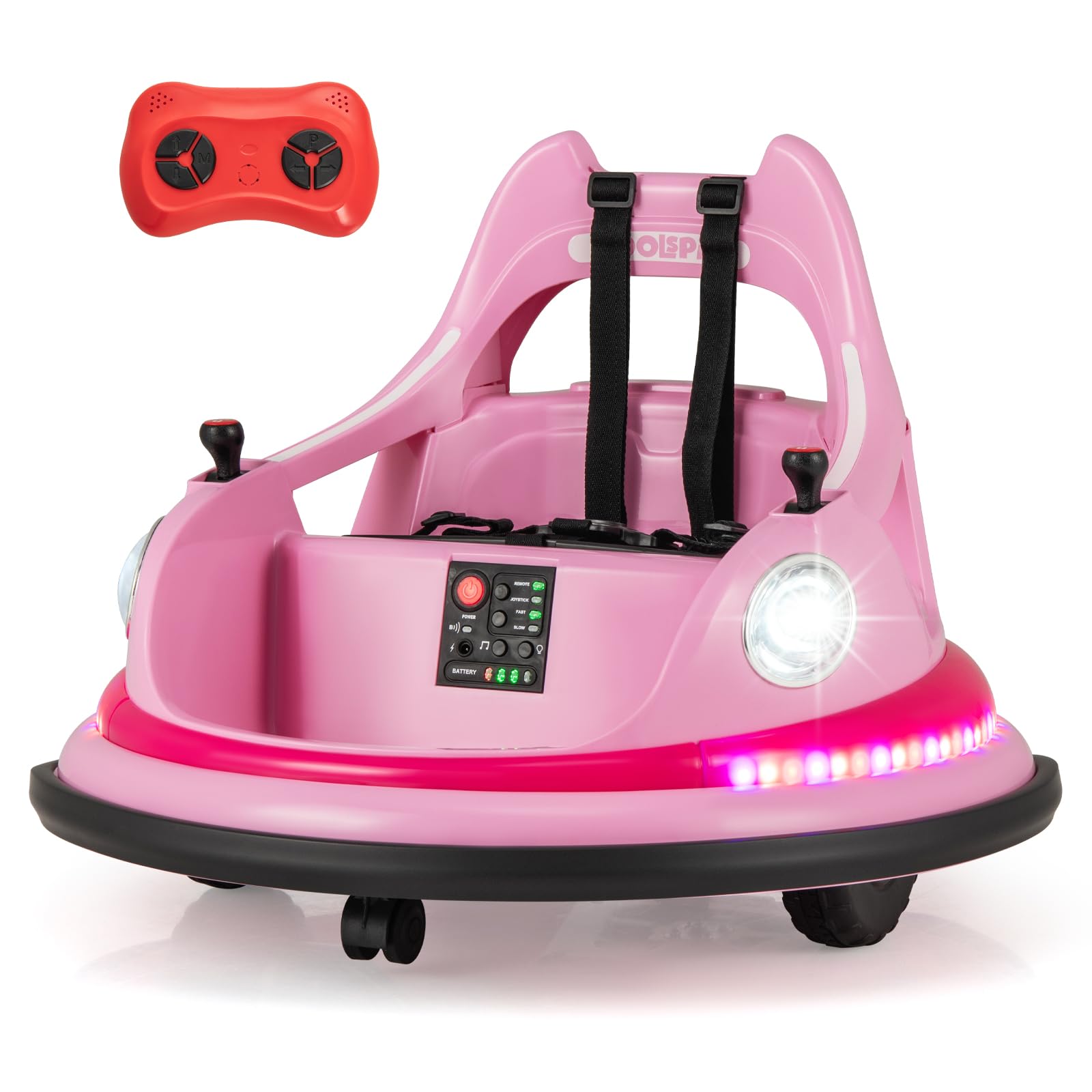 COSTWAY 12V Kids Bumper Car, 360 Degree Rotation Spin Ride on Cars with Remote Control, Dual Joysticks, 5 Light Effects, Music, Wireless Connection, Electric Ride on Toy for 3+ Years Old (Pink)