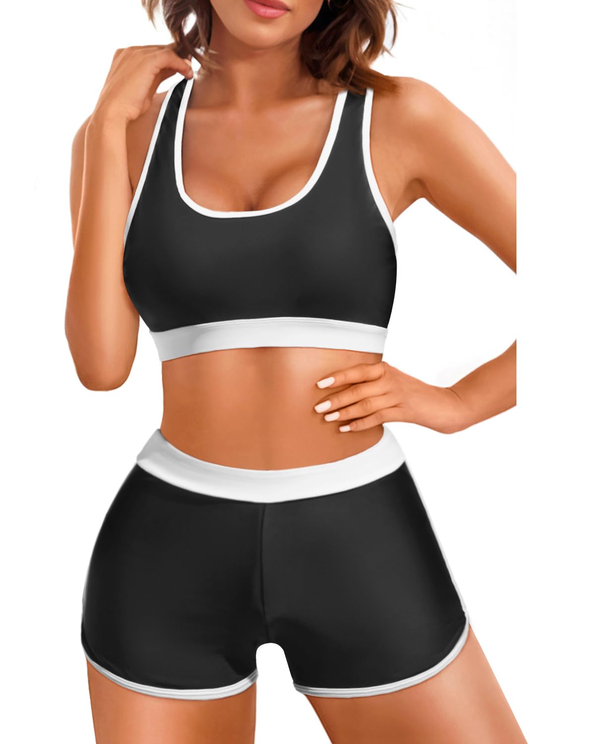 Women Two Piece Sporty Bikini Set Athletic Swimsuits with Boy Shorts Bottom