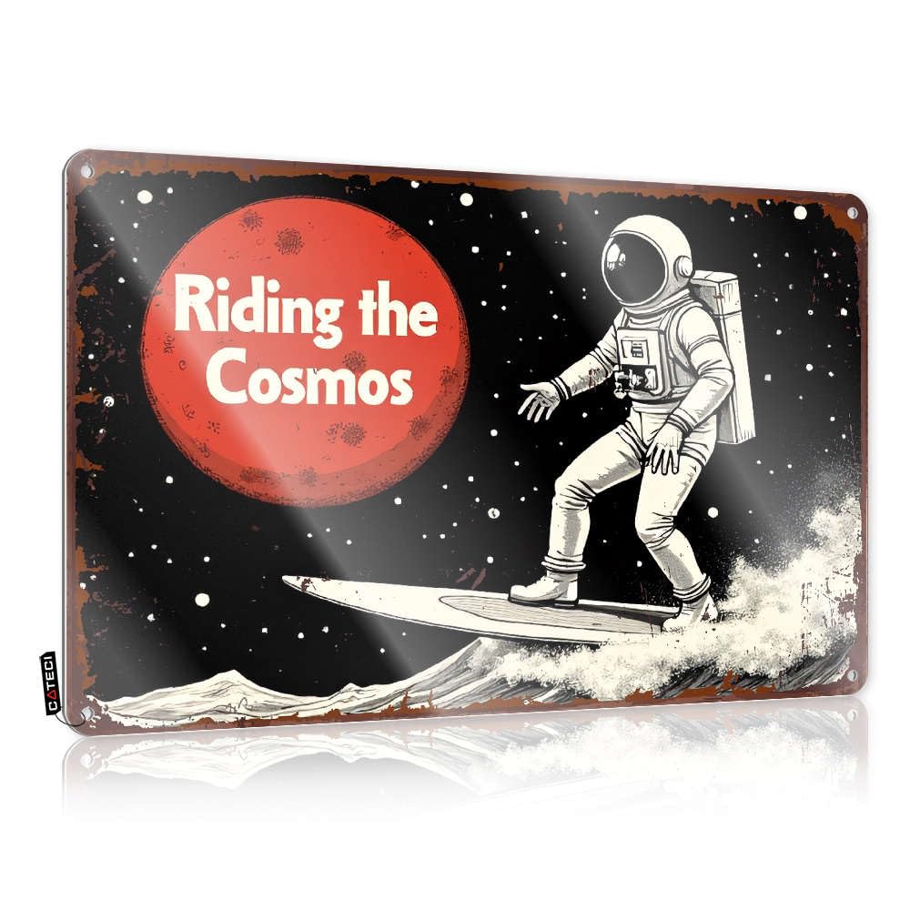 Astronaut Surfing In Space With "riding The Cosmos" Text. Funny Sign Painting Decorative | Americana Gift For Chef Hanging Art For Street Living Room(20X30CM)