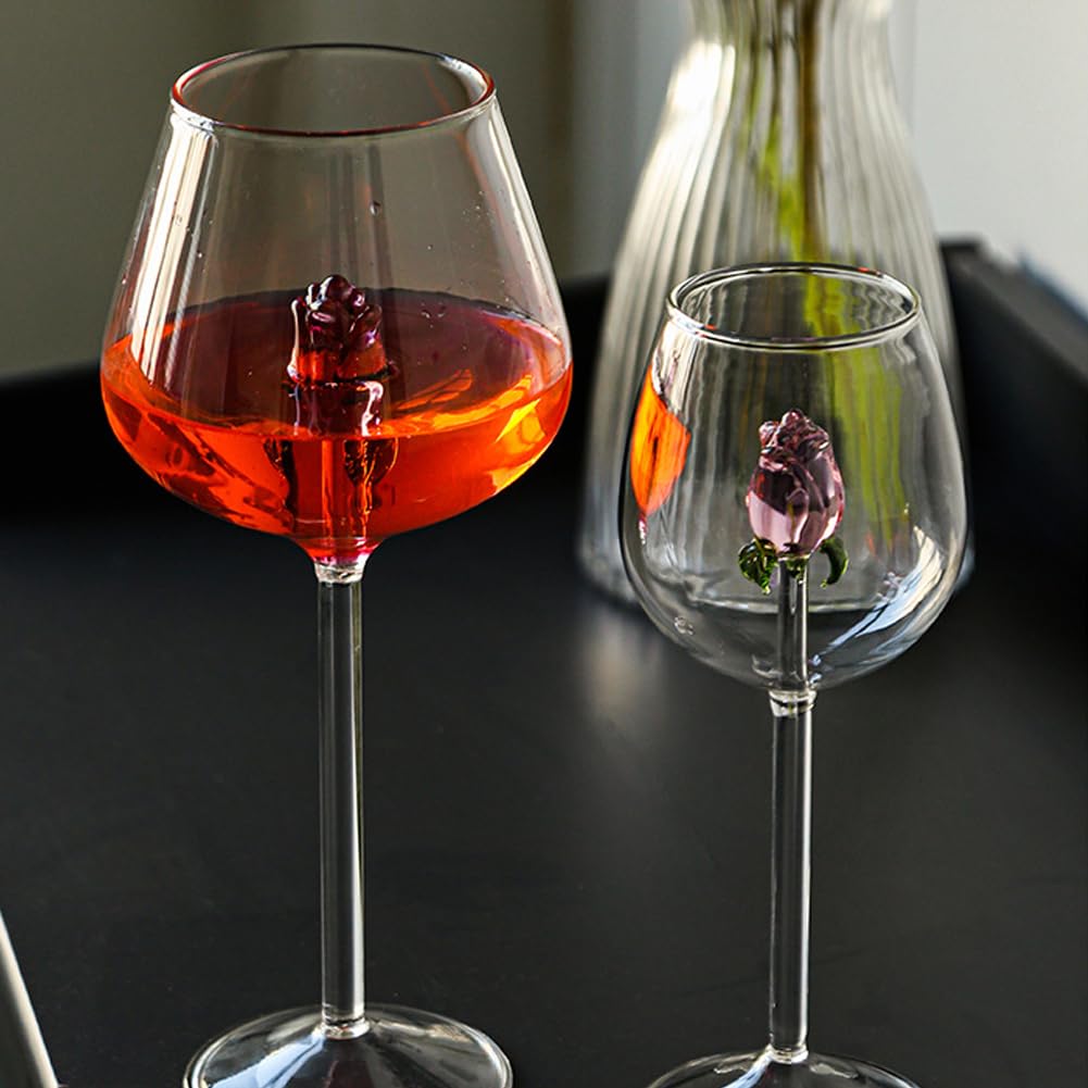 Lot de 2 verres à vin rose 3D – Verres à pied transparents de qualité supérieure pour vin rouge et champagne, verres à pied uniques avec motif floral 3D, cadeau de mariage pour homme et femme (2, 650