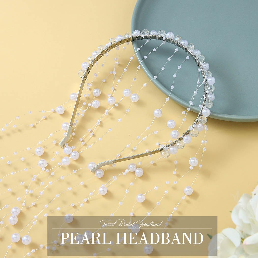 Pearl Bridal Hair Headband Silver Tassel Hair Vine for Wedding or Party Pearl Bride Wedding Headband Silver Rhinestone Bridal  main image 3