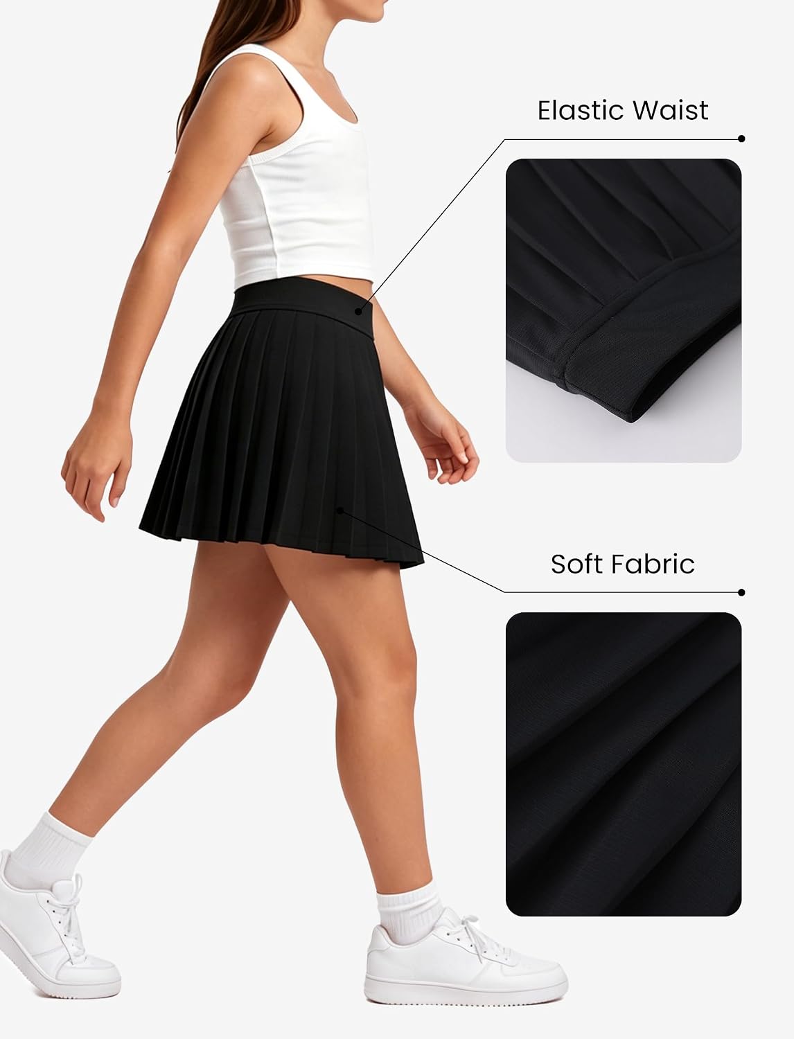 PATPAT Girls Tennis Skirt, 2 in 1 Skort with Bamboo Viscose Shorts & Pocket, Athletic Flowy Kids Uniform for Golf Dance Cheer