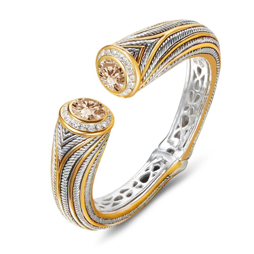 UNY JEWEL Jewelry Multi Strand Twisted Wire Cable Inlay 12mm CZ Vintage Antique Two Tone Elegant Designer Inspired Unique Spring Open Cuff Bangle