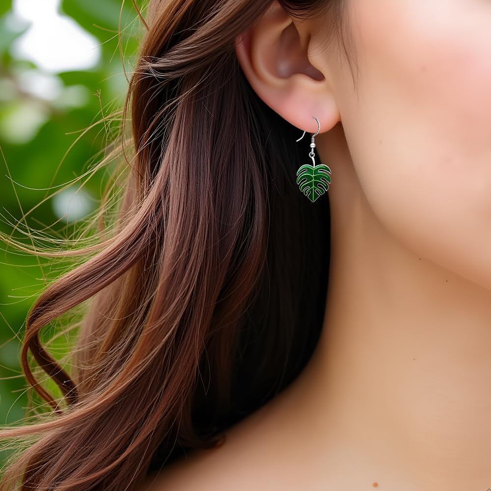 Monstera Leaf Earrings for Women Sterling Silver Dangle Green Palm Leaf Earrings Tropical Jewelry Monstera Jewelry Gifts for Plant Lover - Image 4