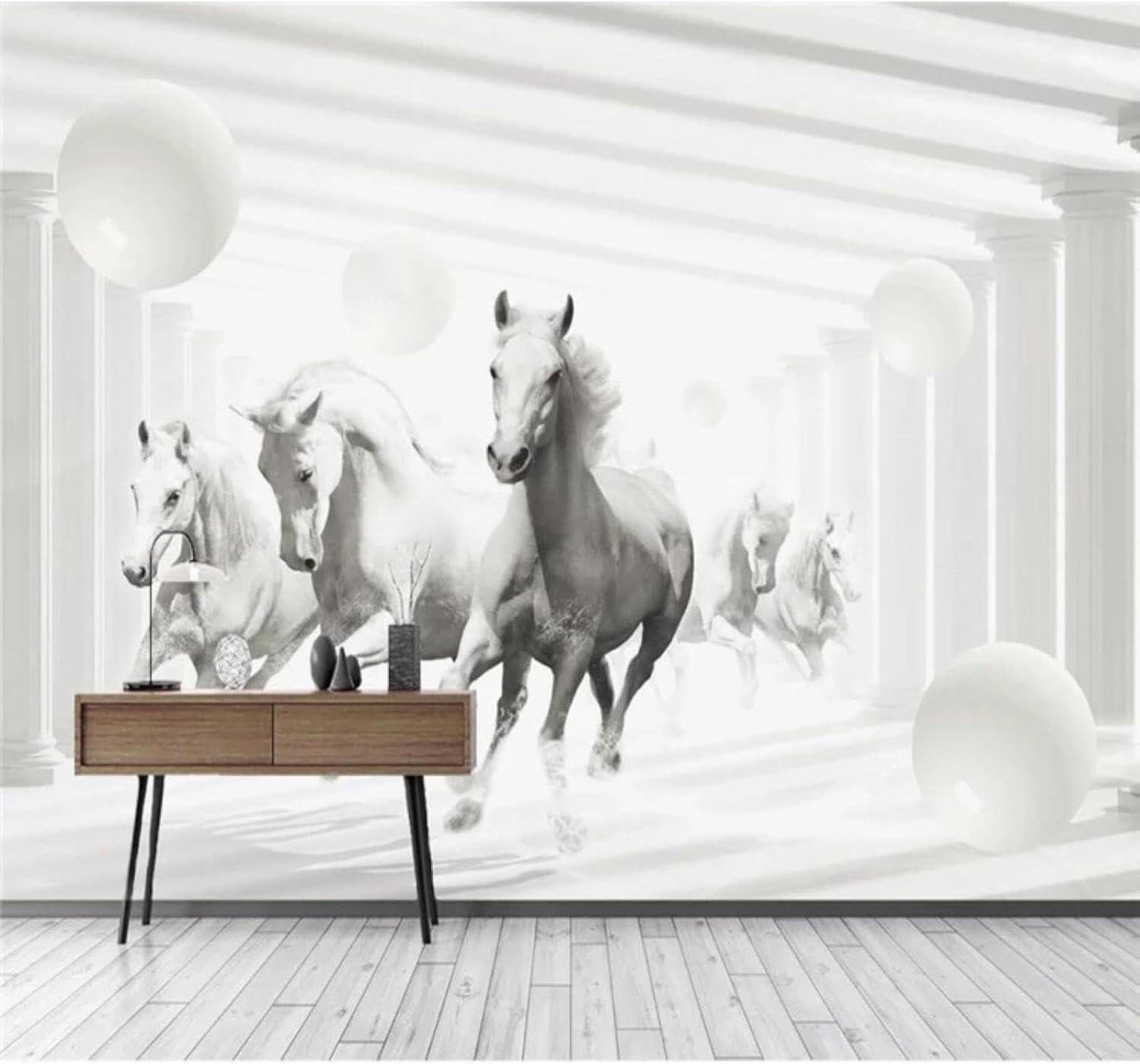 XLMING Three Dimensional Sphere Galloping White Horse Art 3D Wallpaper Luxury Silk Study Dining Feature Sofa Grey Bedroom Living Room Tv Decorative Wall-400cm×280cm