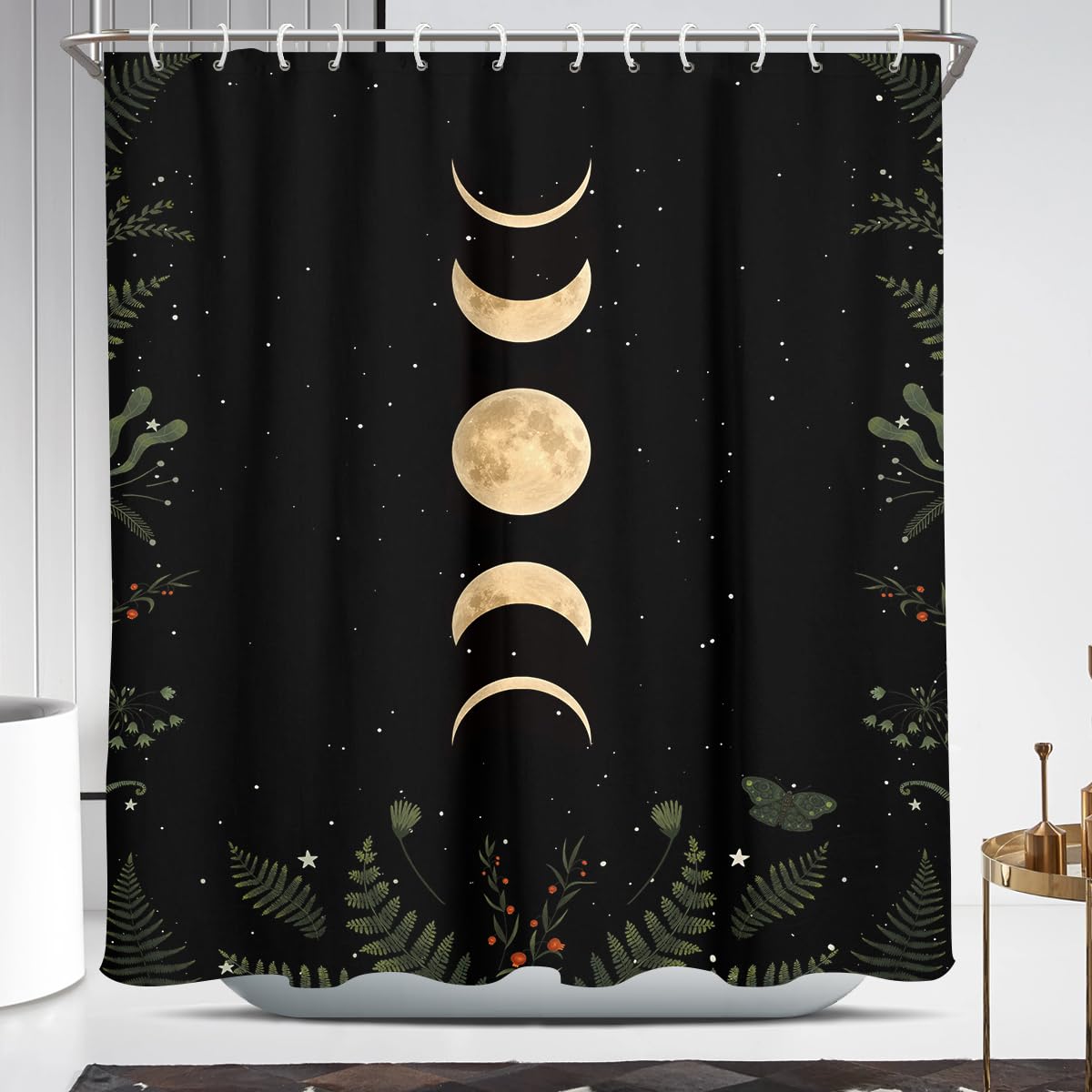 Coxila Moon Shower Curtain Extra Long Gothic Goth Celestial Witchy Spooky Dark Black Galaxy Star Space Whimsigoth Whimsical Hippie Trippy Moody