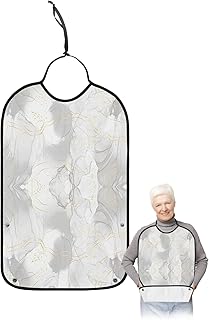 Kewadony Adult Bibs for Elderly Women - Grey Ombre Marble Waterproof Dining Clothing Protectors with Crumb Catcher for Eating/Feeding, Yellow Line Watercolor Abstract Art Terry Cloth Bib Washable