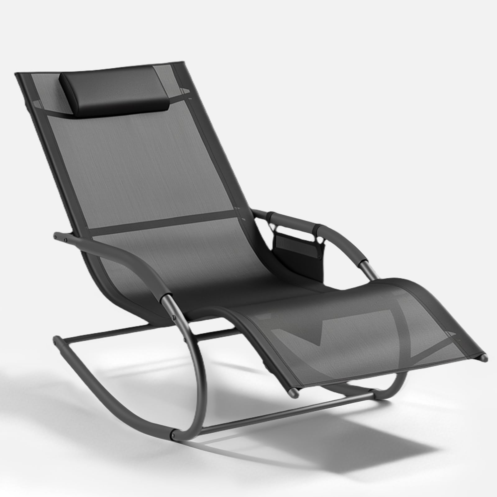 Aoxun Rocking Chair, Outdoor Lounger Recliner with Anti-Tipping Stops, Adjustable Headrest, Breathable Fabric, Steel Frame, Storage Pocket, Deck Garden, 148 x 63 x 84 cm, Black