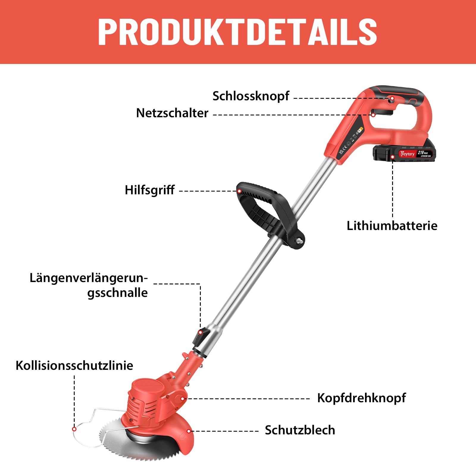 Desbrozadora de césped con batería, 21 V, ángulo de cabeza ajustable, batería recargable de 1500 mAh, mango ajustable de 84 a 120 cm, desbrozadora eléctrica para césped, jardín, poda, color rojo