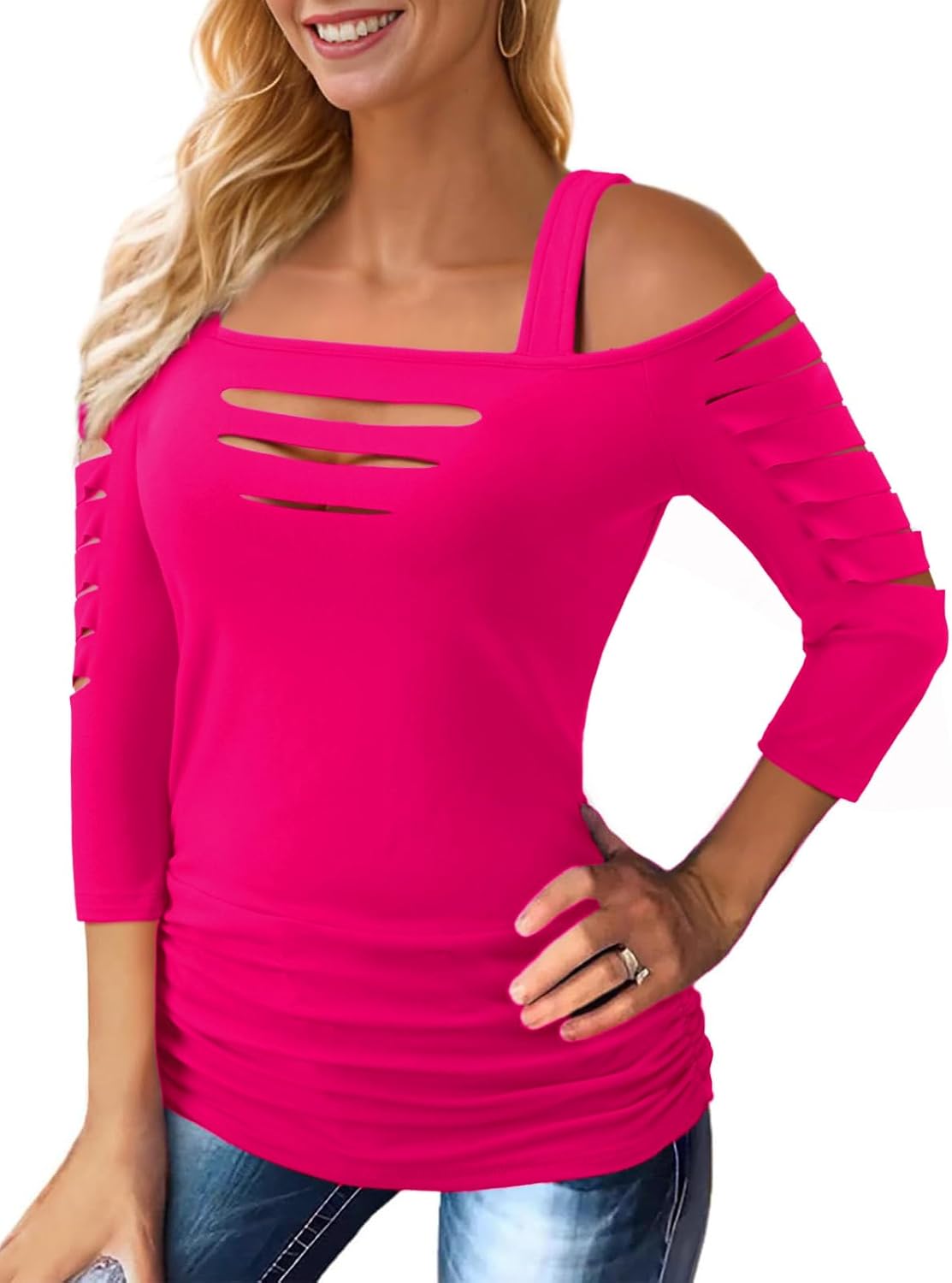 Bellelily Womens Sexy Tops Cut Out Cold Shoulder Half Sleeve Shirts Square Neck Hollow Out Ruched Concert Rock Tee Blouse