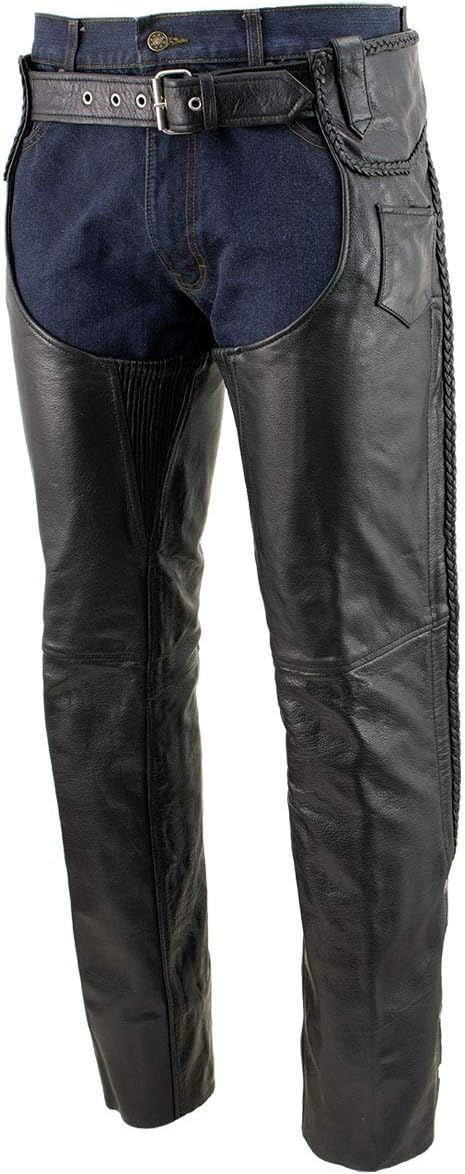Xelement B7555 Men's Black Classic 'Braided' Elastic Fit Leather Chaps - 46