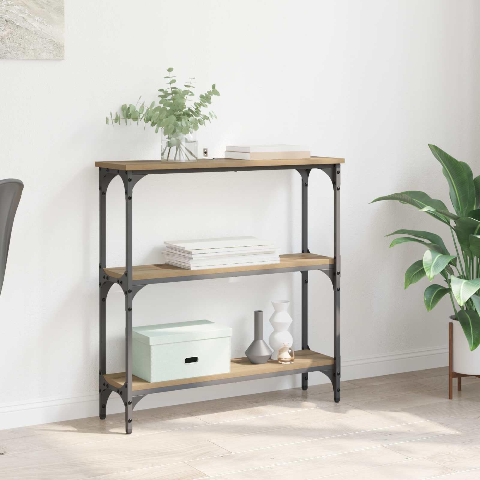 Tavolo Consolle Industriale in Legno e Metallo, 75x22,5x75 cm | Mobiletto stretto salvaspazio con 3 ripiani per corridoio e soggiorno, ideale per esporre piante e decorazioni.