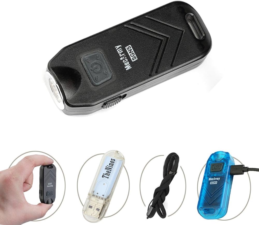 MecArmy SGN5 EDC Keychain Torches 560 Lumen Mini Sized CREE XP-G2 S3 LED USB Rechargeable Person Attack Alarm Flashlight with USB charging cable + SKYBEN USB Lights(Blue, Black, Red)