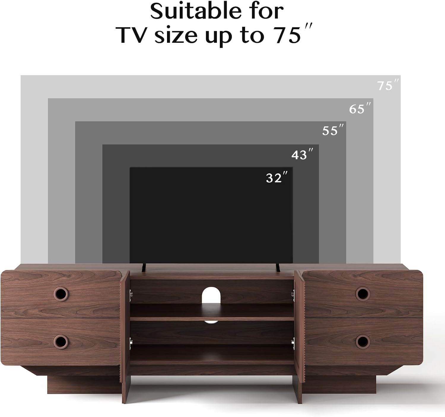 Diagram showing TV size suitability for the JOINICE TV Stand