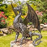 Zaer Ltd. Metal Dragon Garden Statue, Freestanding Outdoor Sculpture, Hand-Painted Metallic Finish (40" Tall Spike)