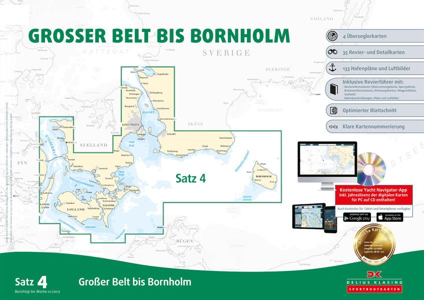 Sportbootkarten Satz 4: Großer Belt bis Bornholm (Ausgabe 2017): Kostenlose Yacht Navigator-App inkl. Jahreslizenz der digitalen Karten für PC, Tablet ... und Luftbilder. Inklusive Revierführer