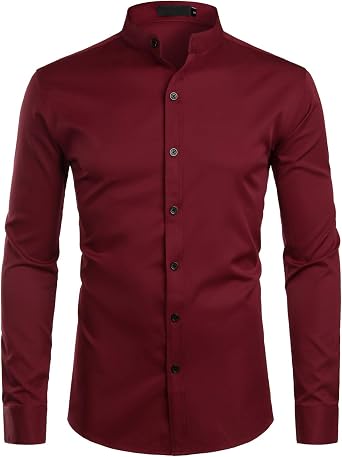 ZEROYAA Mens Long Sleeve Mandarin Collar Dress Shirts | Slim Fit, Button Down, Stretch, Wrinkle-Free,Hipster, Soild