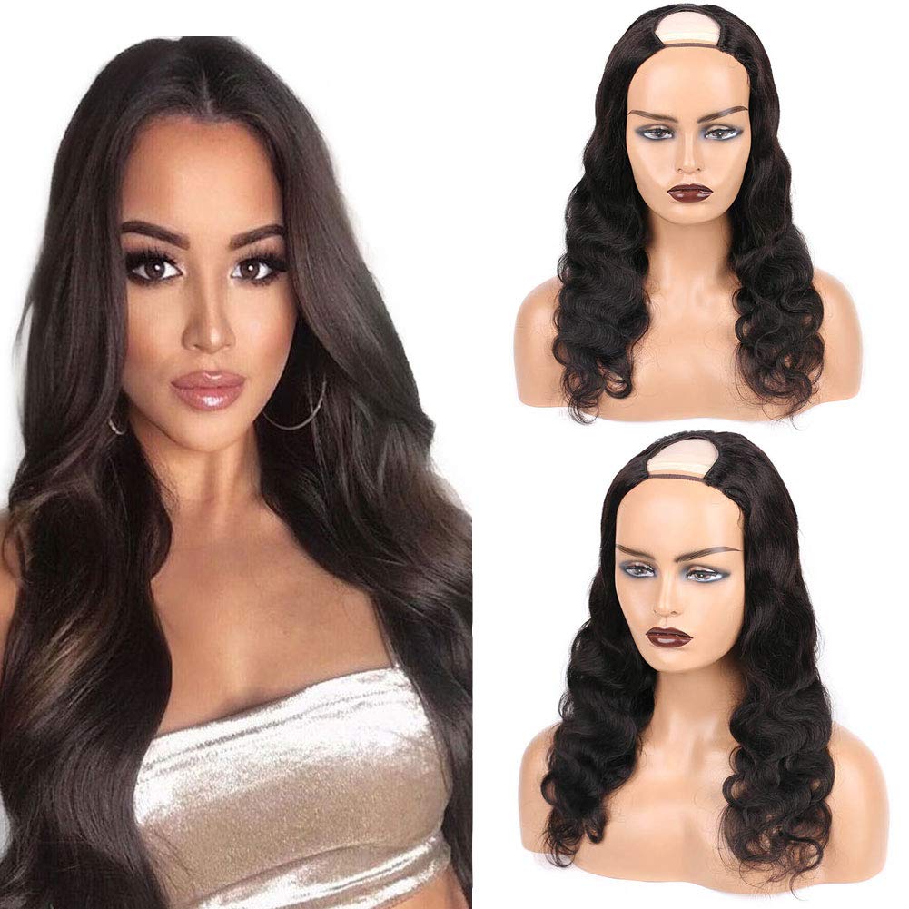 U Part Wigs Body Wave U Shape Human Hair Wigs for Black Women cm  Long Body Wavy Half Wigs with Clips 150% Density Natural Black Color 20  Inches