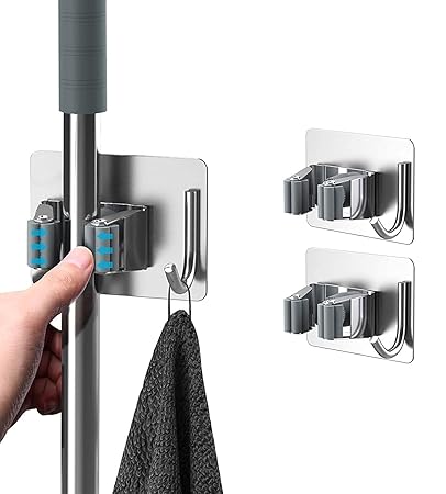 OFKY Self Adhesive Stainless Steel Broom Holder Wall Mounted, Mop Holder for Wall, Broom & Mop Holder, Broom Stick Holder Wall Mounted, Mop Holder for Wall Without Drilling (Pack of 2 Hook)