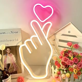 Finger Heart Neon Sign for Room Decor, 16.5x8 Inches Kpop & K-Drama Symbol Heart Gesture Neon Signs for Bedroom, Home Office, Dimmable LED Love Neon Light Gift for Anniversary, Girl…