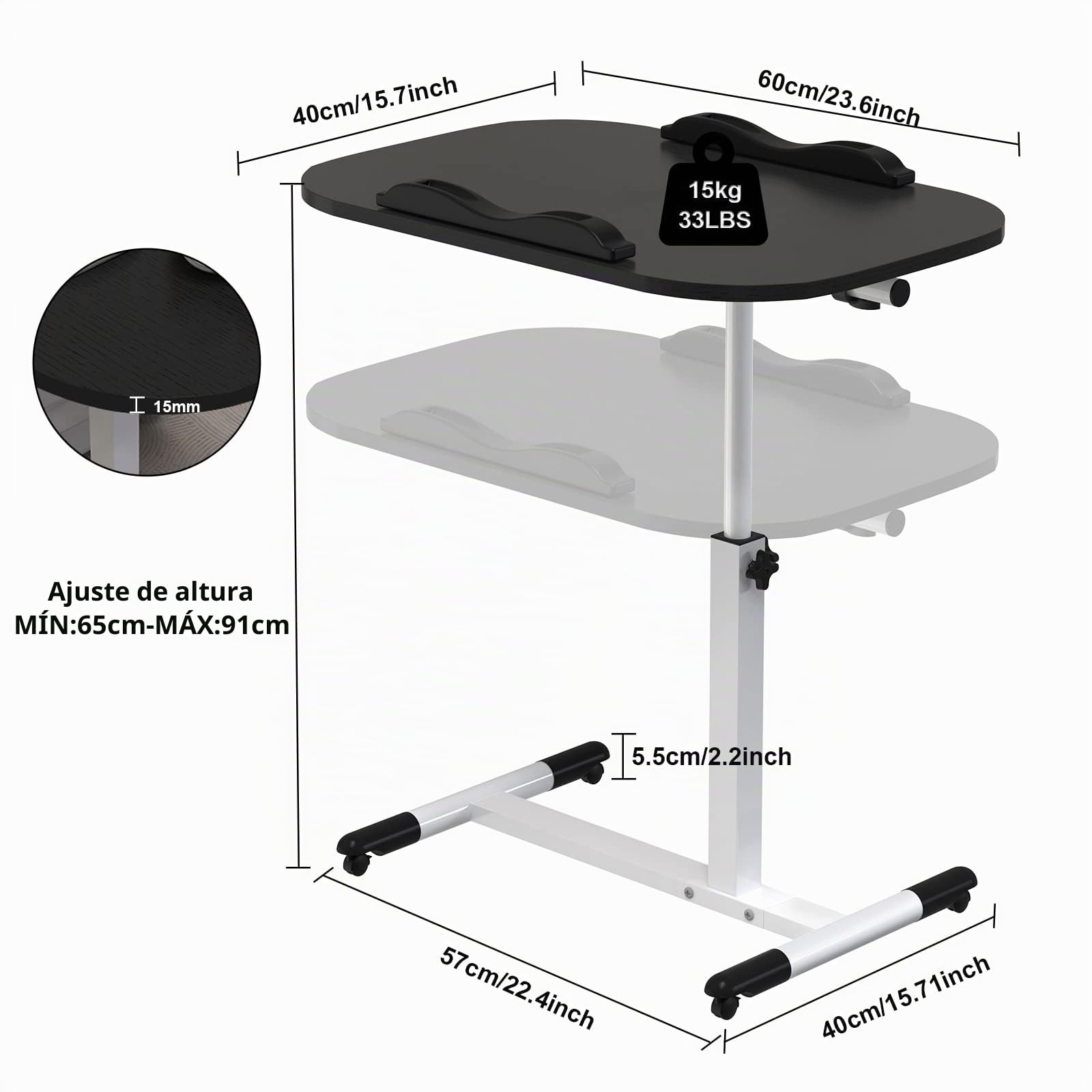 Mesa de Cama con Ruedas 60x40cm, Mesa Auxiliar de Oficina Ajustable en Altura 61-95cm, Mesa para Portátil con 2 Tiras Antideslizantes y 4 Ruedas para Salón, Dormitorio, Negro